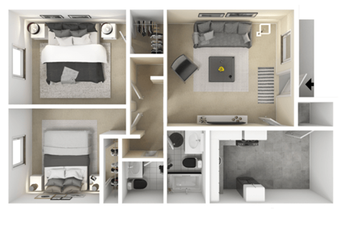 Floor plan for 2 beds, 1.5 baths, 905 sqft